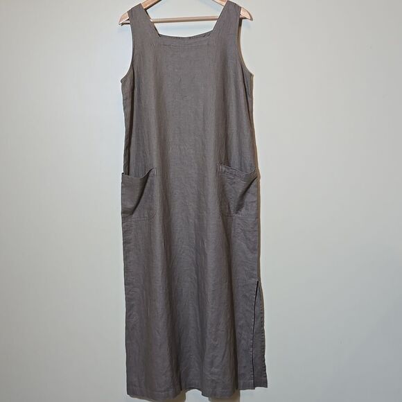 Rafaella 100% Linen Sheath Maxi Dress Square Neck Pockets Cottagecore Lagenlook - Picture 1 of 13